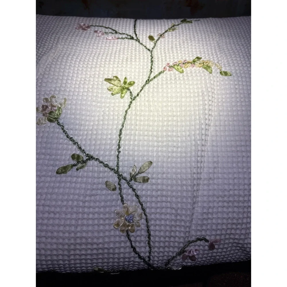 JCPenney Home White Waffle Weave Ribbon Floral Embroidered Shower Curtain